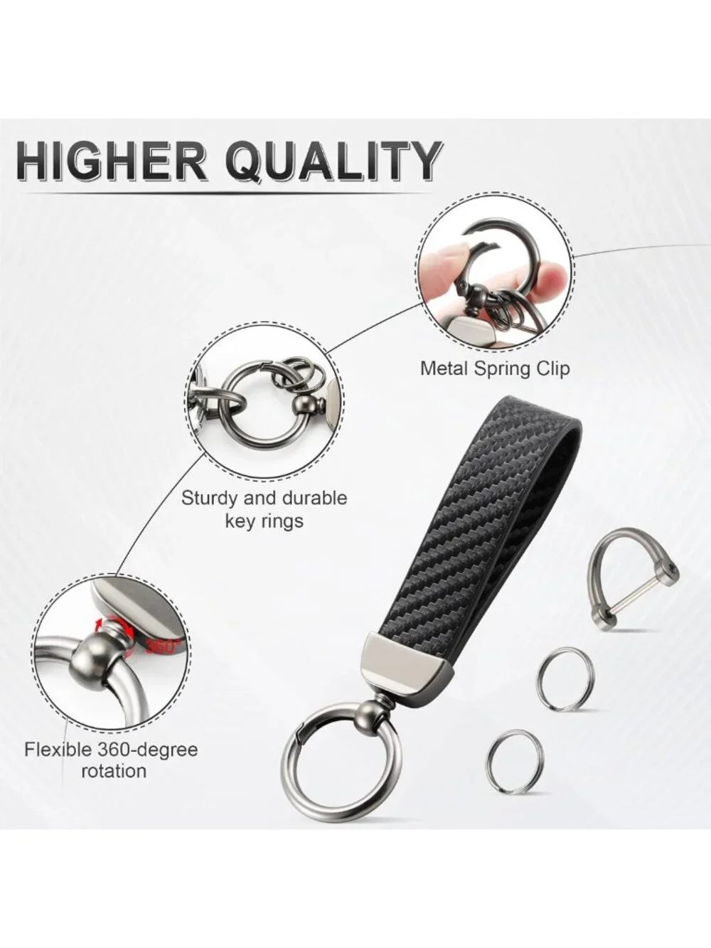 Stylish Carbon Fiber Keychain with Anti-Lost D-Ring & 2 Rings - Universal Car